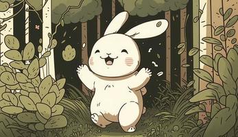 Fluffy cute Rabbit baby in the forest in laughing happily, style, Animal, Rabbit baby, Generate Ai photo