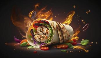 fresh grilled chicken wrap roll with flying ingradients and spices hot ready to serve and eat with copyspace area, Generate Ai photo