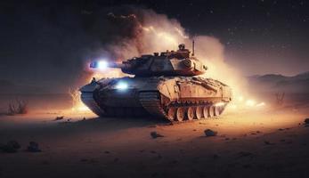 armored tank crosses a mine field during war invasion epic scene of fire and some in the desert, wide poster design with copy space area, Generate Ai photo