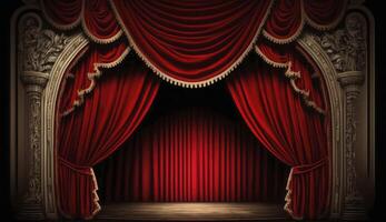 Glorious red curtain above empty theatre stage. Postproducted digital illustration. photo