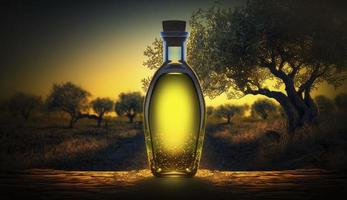 dorado aceituna petróleo botella en de madera mesa aceituna campo en Mañana Brillo Solar con copyspace son, generar ai foto