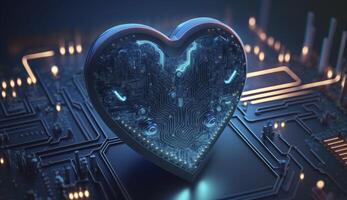 Blue heart shaped as computer circuit board. Postproducted digital illustration. photo