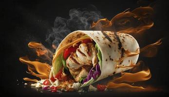 fresh grilled chicken wrap roll with flying ingradients and spices hot ready to serve and eat with copyspace area, Generate Ai photo