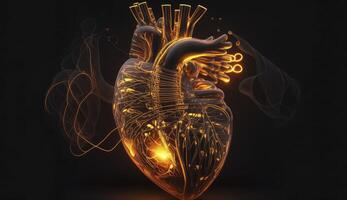 Glowing lines at human heart 3D shape on dark background. Postproducted digital illustration. photo