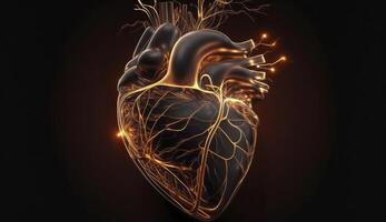 Glowing lines at human heart 3D shape on dark background. Postproducted digital illustration. photo