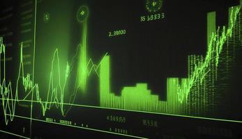 Stock market trading graph in green color as economy 3D illustration background. Trading trends and economic development. photo