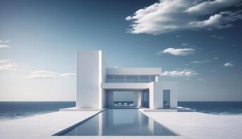 Luxury residential minimalist villa with pool and ocean on horizon. Postproducted illustration. photo