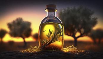 golden olive oil bottle on wooden table olive field in morning sunshine with copyspace are, Generate Ai photo