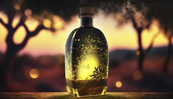 golden olive oil bottle on wooden table olive field in morning sunshine with copyspace are, Generate Ai photo