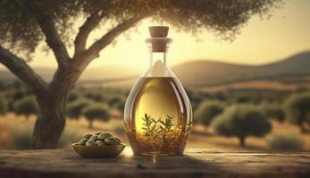 golden olive oil bottle on wooden table olive field in morning sunshine with copyspace are, Generate Ai photo