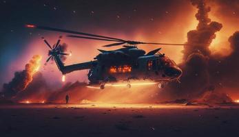 military chopper crosses crosses fire and smoke in the desert, wide poster design with copy space area, Generate Ai photo