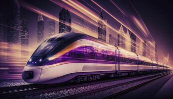 High speed train at station and blurred cityscape at night on background. Postproducted digital illustration of non existing train model. photo