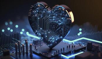 Blue heart shaped as computer circuit board. Postproducted digital illustration. photo