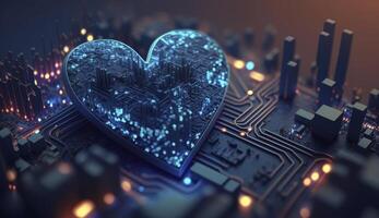 Blue heart shaped as computer circuit board. Postproducted digital illustration. photo