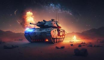 armored tank crosses a mine field during war invasion epic scene of fire and some in the desert, wide poster design with copy space area, Generate Ai photo