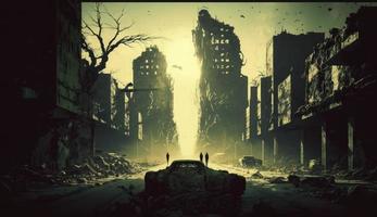 illustration painting of destroyed Abandoned City, Digital Illustration, Ruins Creepy Grunge Drawing Scary Horror Zombie Apocalypse, Buildings, Roads, Generate Ai photo