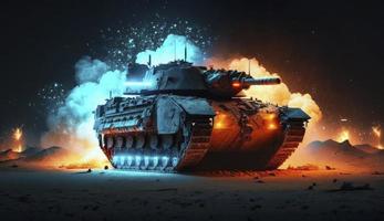 armored tank crosses a mine field during war invasion epic scene of fire and some in the desert, wide poster design with copy space area, Generate Ai photo