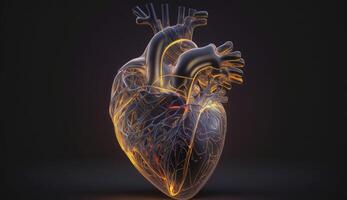 Glowing lines at human heart 3D shape on dark background. Postproducted digital illustration. photo