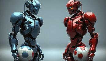 dos futurista robots antes de partido en azul y rojo color. postproducido generativo ai digital ilustración. foto
