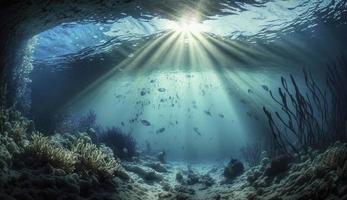Underwater sea in blue sunlight, Generate Ai photo