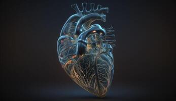 Glowing lines at human heart 3D shape on dark background. Postproducted digital illustration. photo