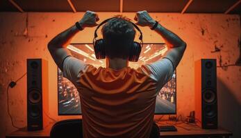 Professional E-Sports gamer rejoices in the victory in orange game room. Non-existent person in digital illustration. photo
