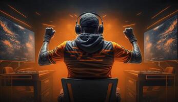 Professional E-Sports gamer rejoices in the victory in orange game room. Non-existent person in digital illustration. photo