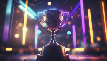 Winner trophy on a stage at studio illuminated by neon lights with blurred background. Postproducted digital illustration. photo