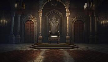 muy decorado vacío trono en el castillo salón. postproducido generativo ai digital ilustración. foto