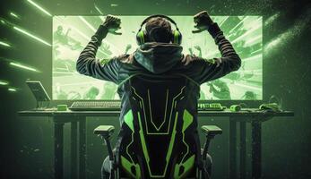 Professional eSports gamer rejoices in the victory and green game room background. Postproducted digital illustration. photo