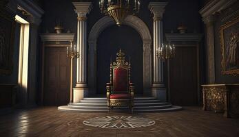 Very decorated empty throne in the castle hall. Postproducted digital illustration. photo