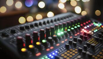 Sound mixer closeup with glowing lights at club party. Postproducted illustration. photo