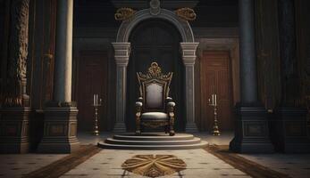 muy decorado vacío trono en el castillo salón. postproducido generativo ai digital ilustración. foto