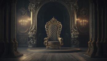 Very decorated empty throne in the castle hall. Postproducted generative AI digital illustration. photo