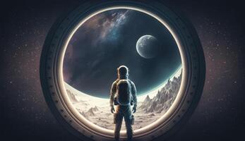 Spaceman in a spacesuit stands in front of spaceship circle window. Postproducted digital illustration. photo