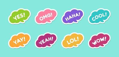 Cute speech bubble with short phrases yay, yeah, cool, omg, wow, haha, lol online messaging icon set. Simple flat sticker vector illustration.