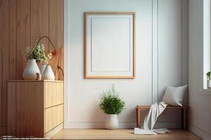 wooden frame mockup on the wall, minimalistic thin frame, day light, white wall, minimalistic, scandinavian style . photo