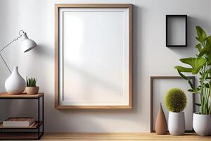 wooden frame mockup on the wall, minimalistic thin frame, day light, white wall, minimalistic, scandinavian style . photo