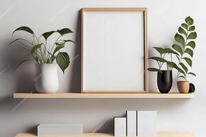 wooden frame mockup on the wall, minimalistic thin frame, day light, white wall, minimalistic, scandinavian style . photo