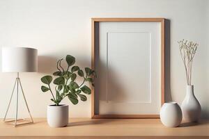 wooden frame mockup on the wall, minimalistic thin frame, day light, white wall, minimalistic, scandinavian style . photo