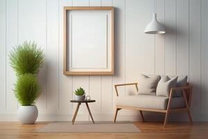 wooden frame mockup on the wall, minimalistic thin frame, day light, white wall, minimalistic, scandinavian style . photo