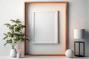 wooden frame mockup on the wall, minimalistic thin frame, day light, white wall, minimalistic, scandinavian style . photo