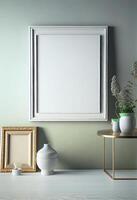 Minimal boho replica empty white photo frame Tasteful decor, stylish lighting .