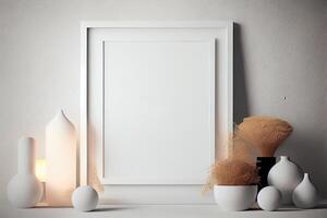 white frame mockup on the wall, minimalistic thin frame, day light, white wall, minimalistic, scandinavian style . photo