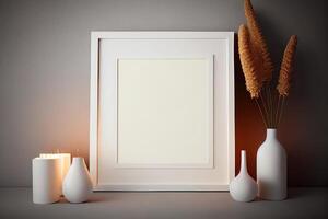 white frame mockup on the wall, minimalistic thin frame, day light, white wall, minimalistic, scandinavian style . photo