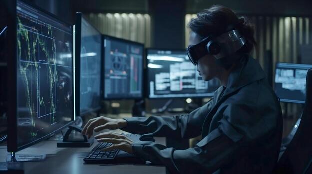 AI human robot scammer in front of a massive data wave. and information technology. photo