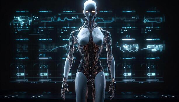An AI human robot standing in front of a massive data wave. and information technology photo