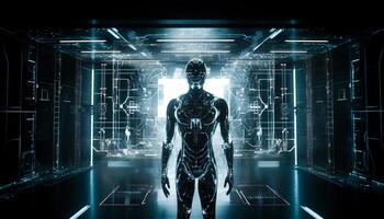 AI human robot standing in front of a massive data wave. and information technology. photo