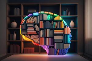 A brain-shaped bookshelf filled with colorful books and ideas. photo