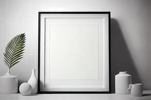 Minimalist boho mockup, empty blank white picture frame, tasteful decorations, stylish lighting . photo